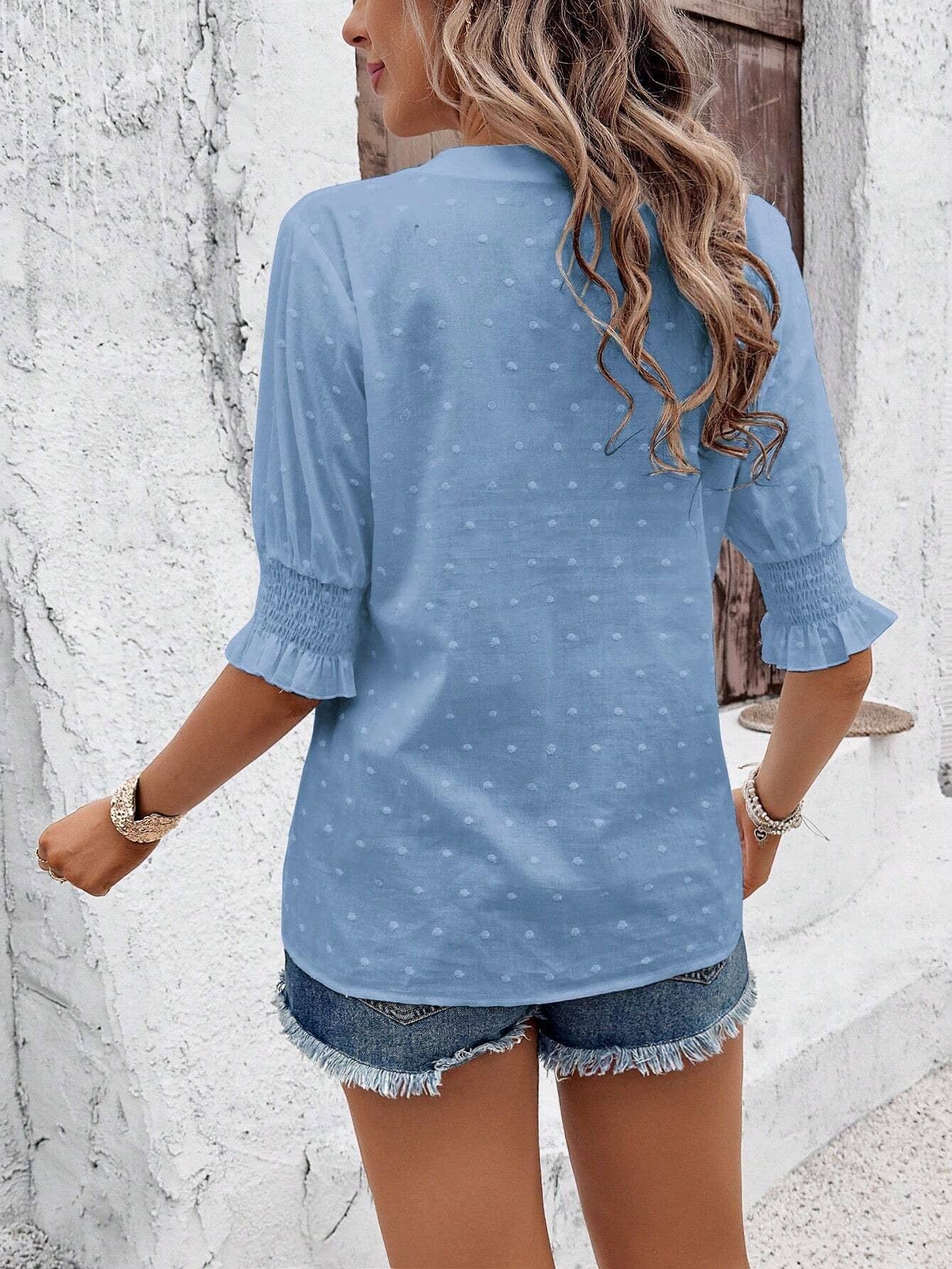Hollow Out Half Sleeve Boho Top with Ruffle Trim