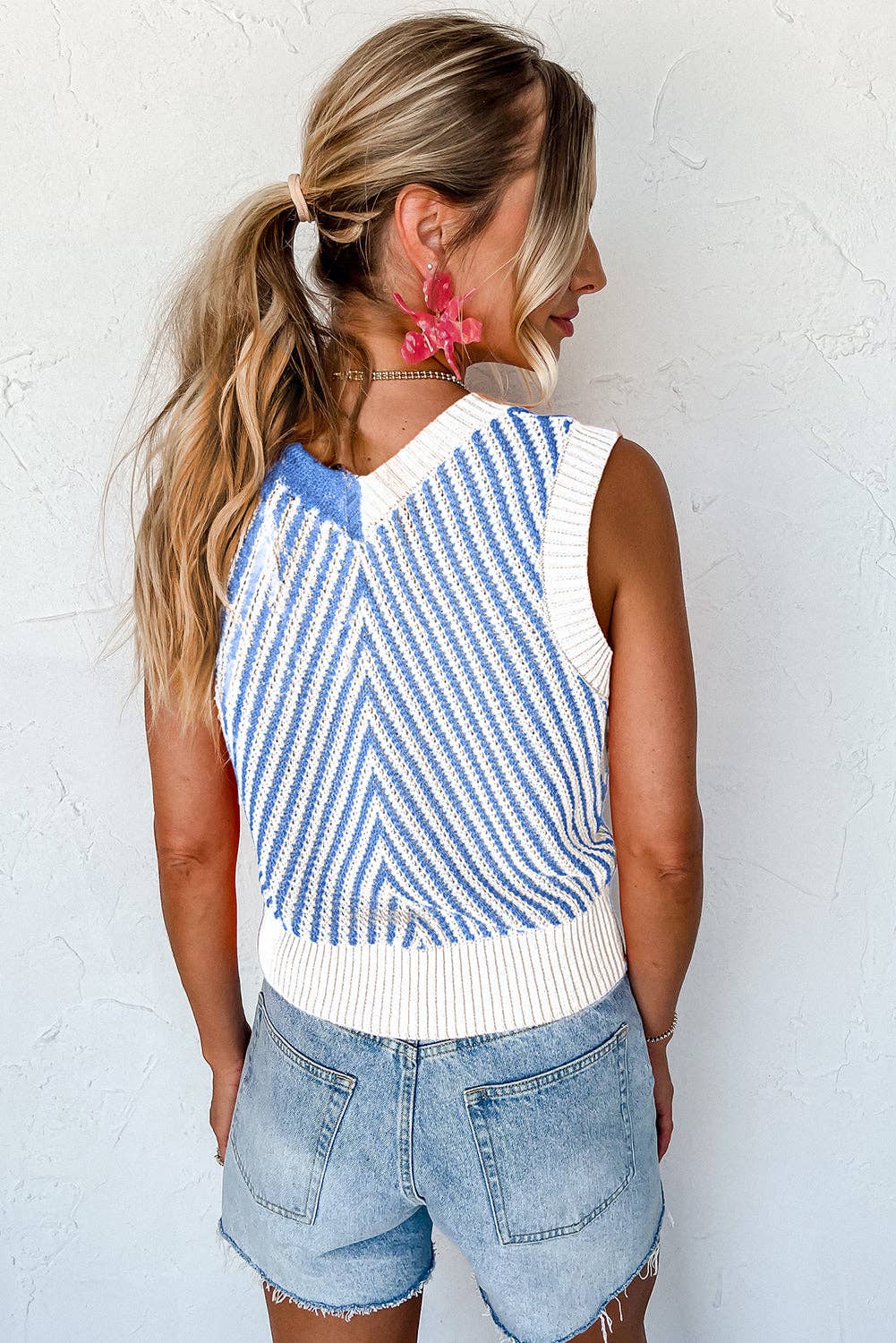 Strawberry Pink Contrast Chevron Knit V Neck Sweater Vest