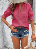 Hollow Out Half Sleeve Boho Top with Ruffle Trim