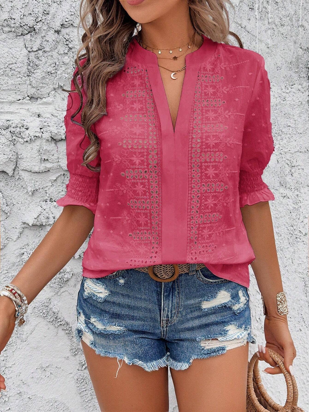 Hollow Out Half Sleeve Boho Top with Ruffle Trim