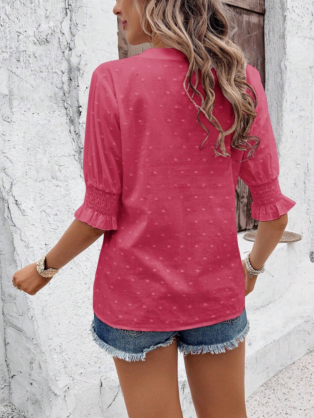 Hollow Out Half Sleeve Boho Top with Ruffle Trim