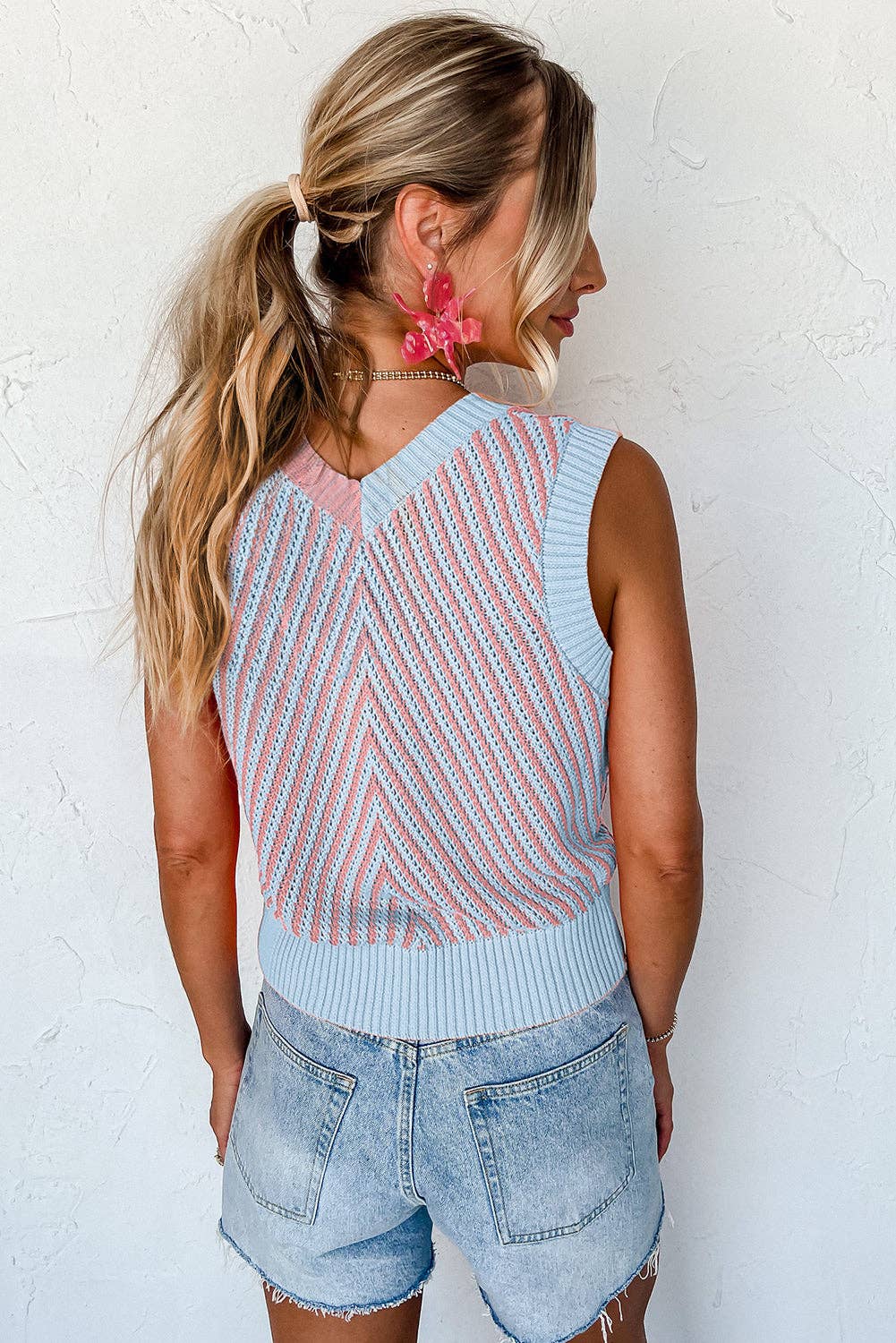 Strawberry Pink Contrast Chevron Knit V Neck Sweater Vest