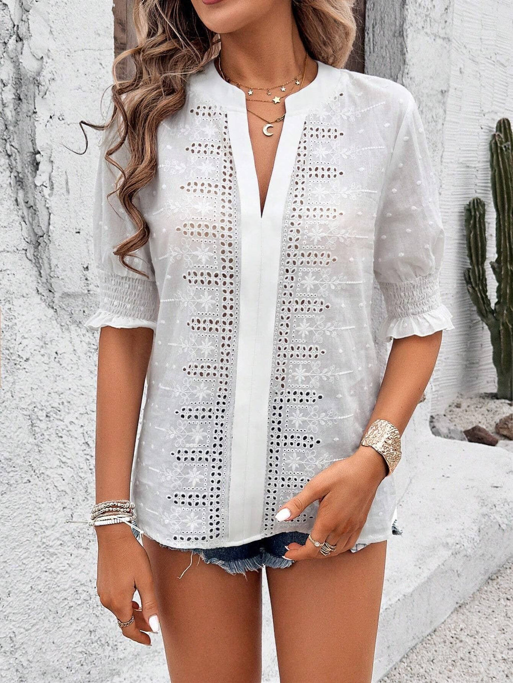 Hollow Out Half Sleeve Boho Top with Ruffle Trim