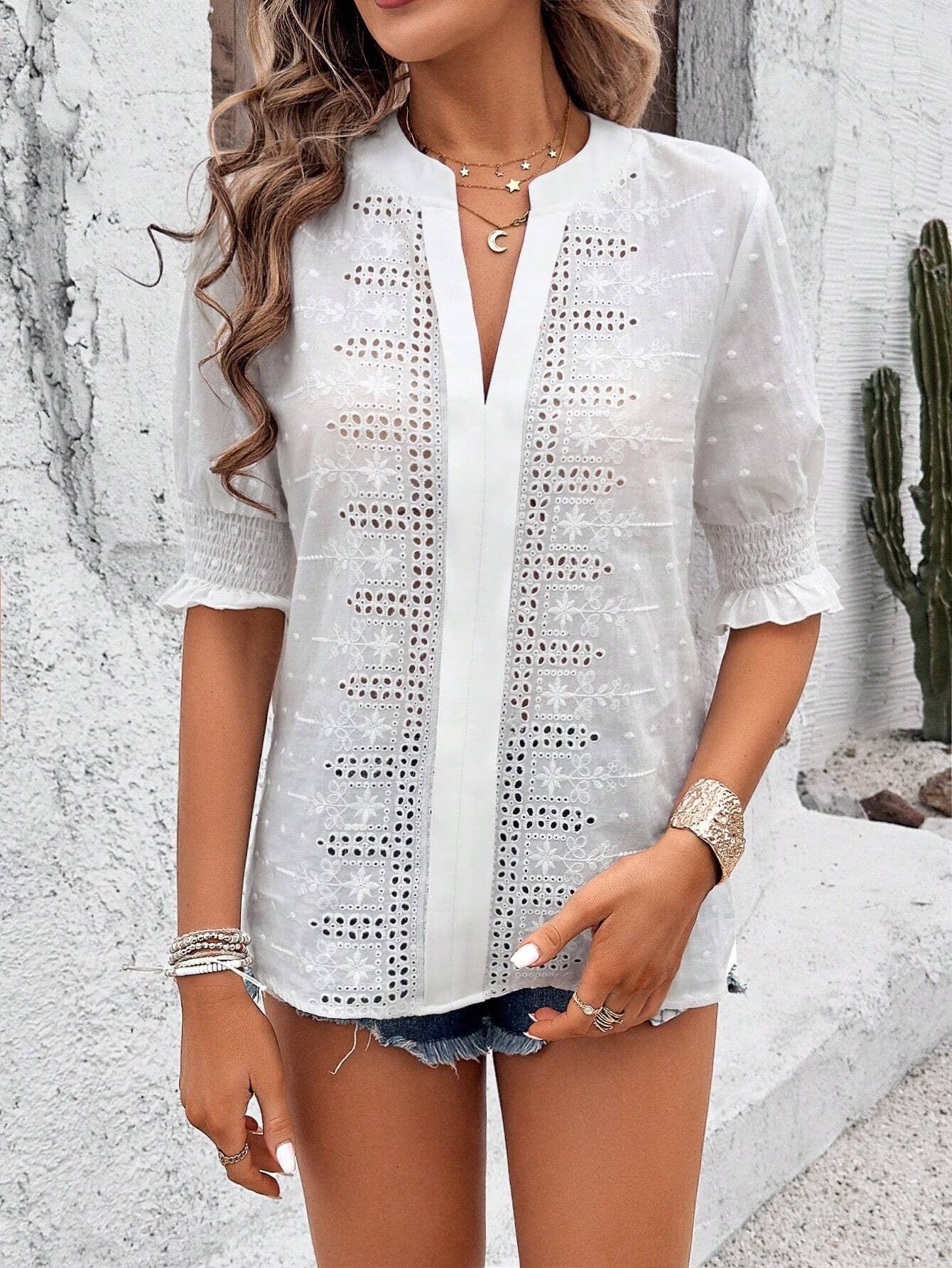 Hollow Out Half Sleeve Boho Top with Ruffle Trim