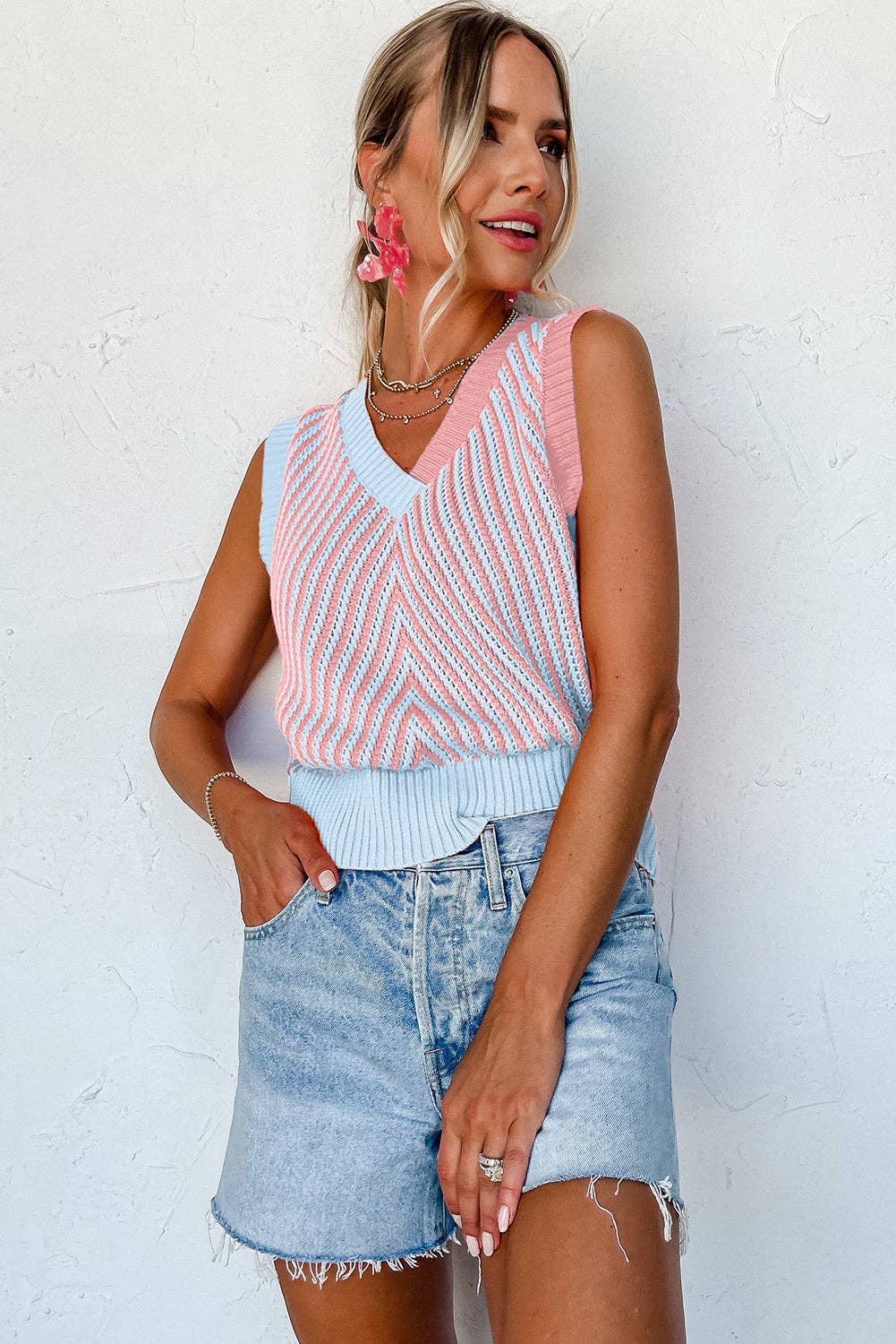 Strawberry Pink Contrast Chevron Knit V Neck Sweater Vest