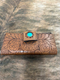 leather with turquoise clutch