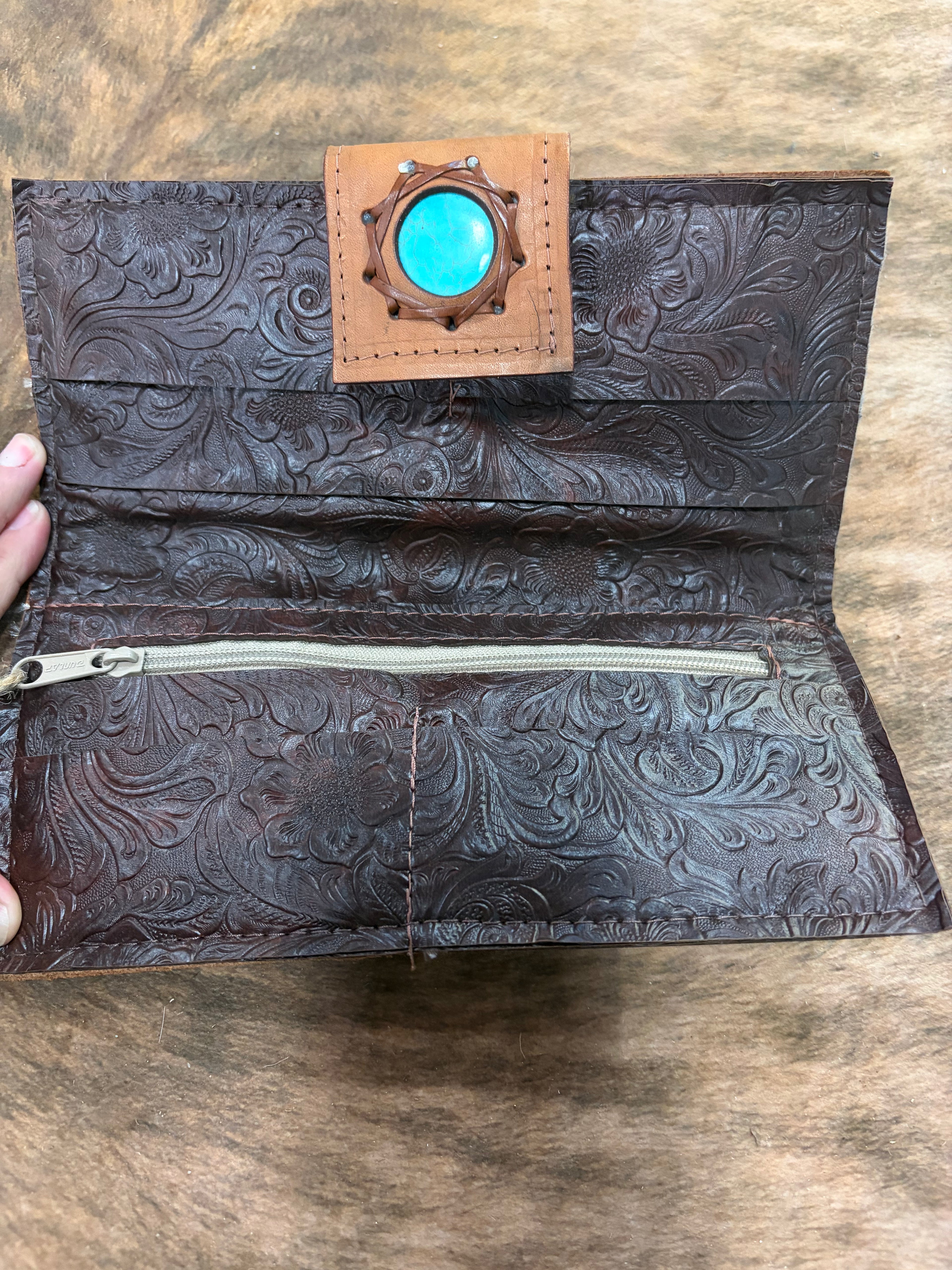 leather with turquoise clutch