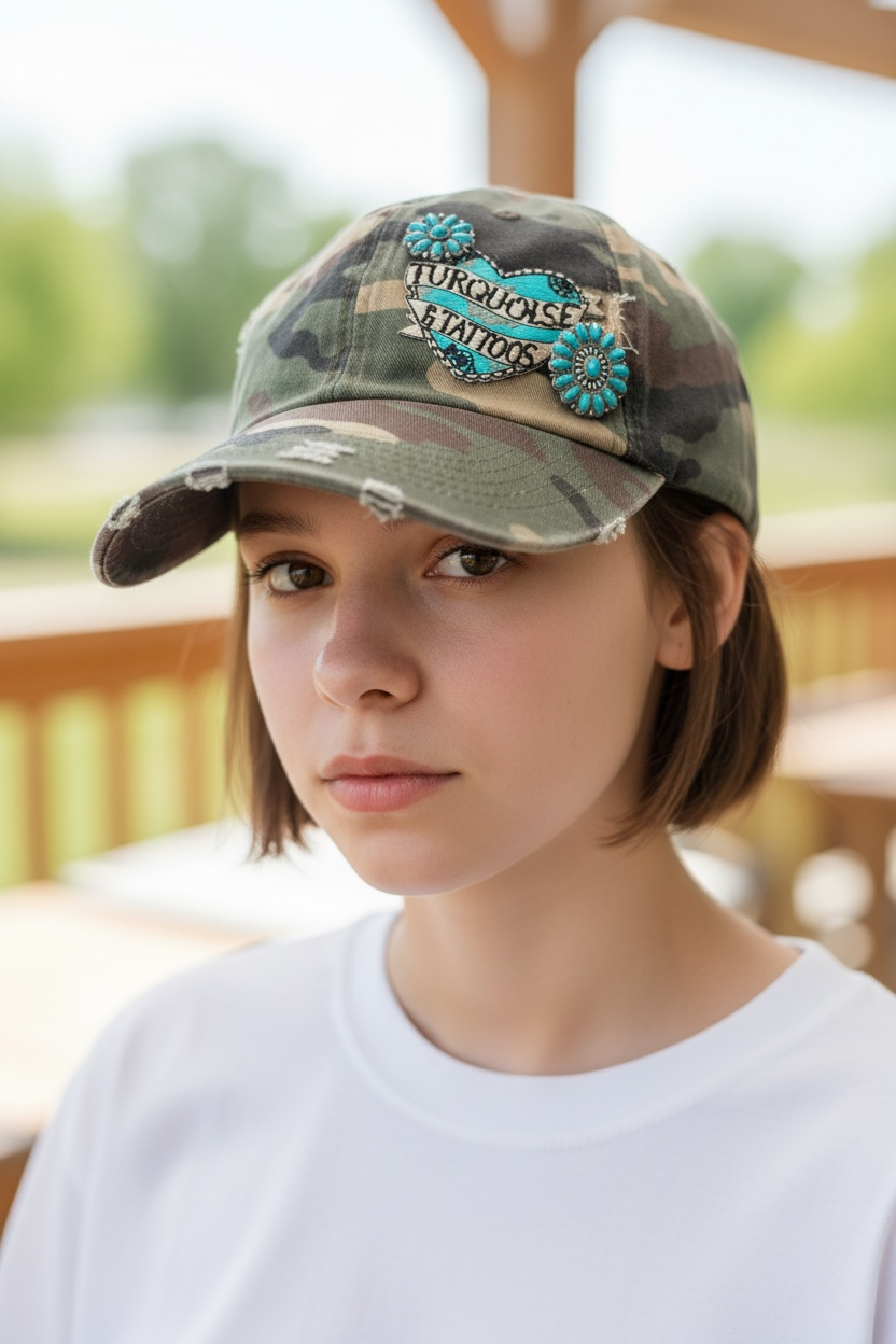 Turquoise and Tattoos camo distressed ball cap
