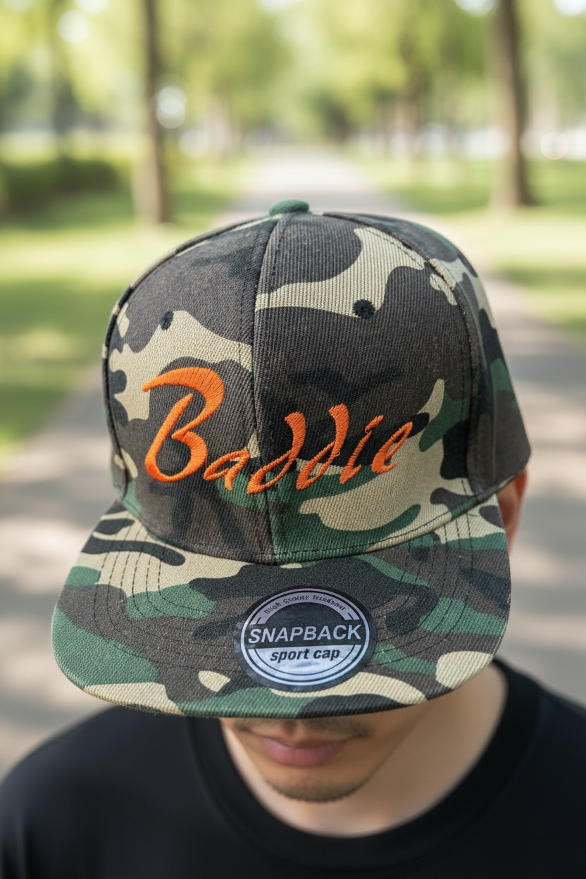 White Baddie camo flat bill hat