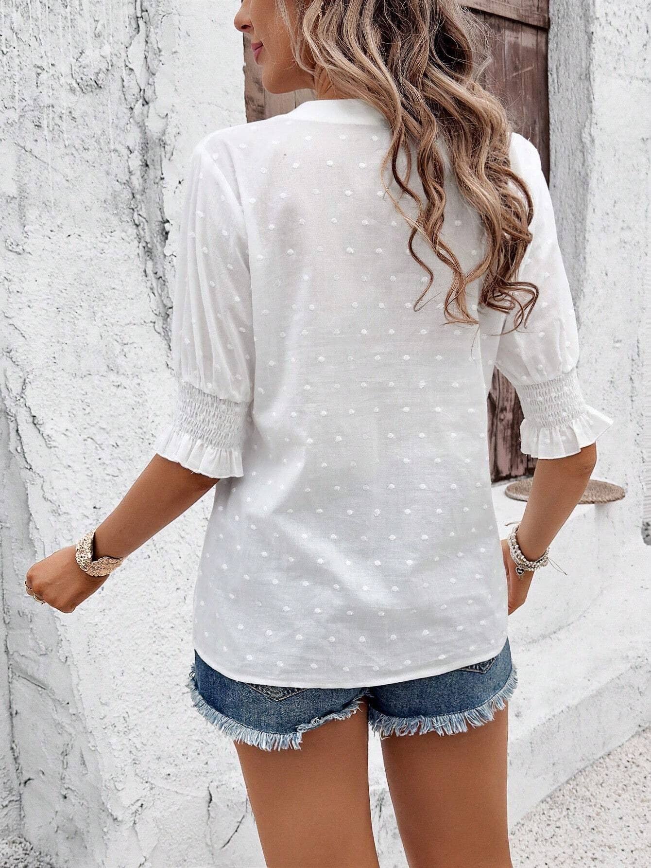 Hollow Out Half Sleeve Boho Top with Ruffle Trim