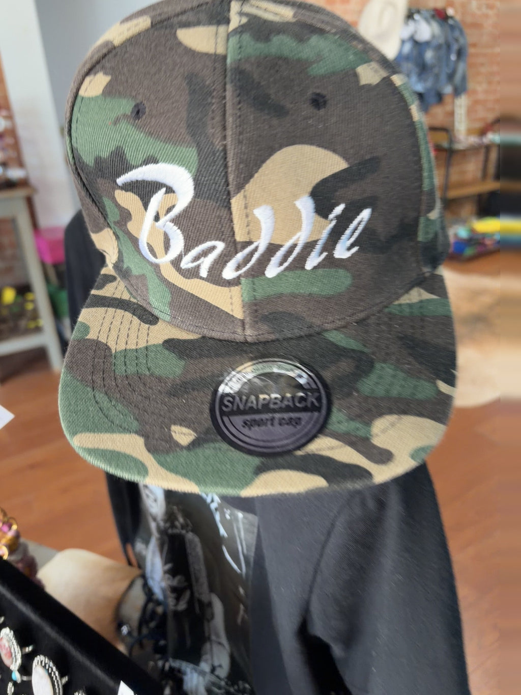 White Baddie camo flat bill hat